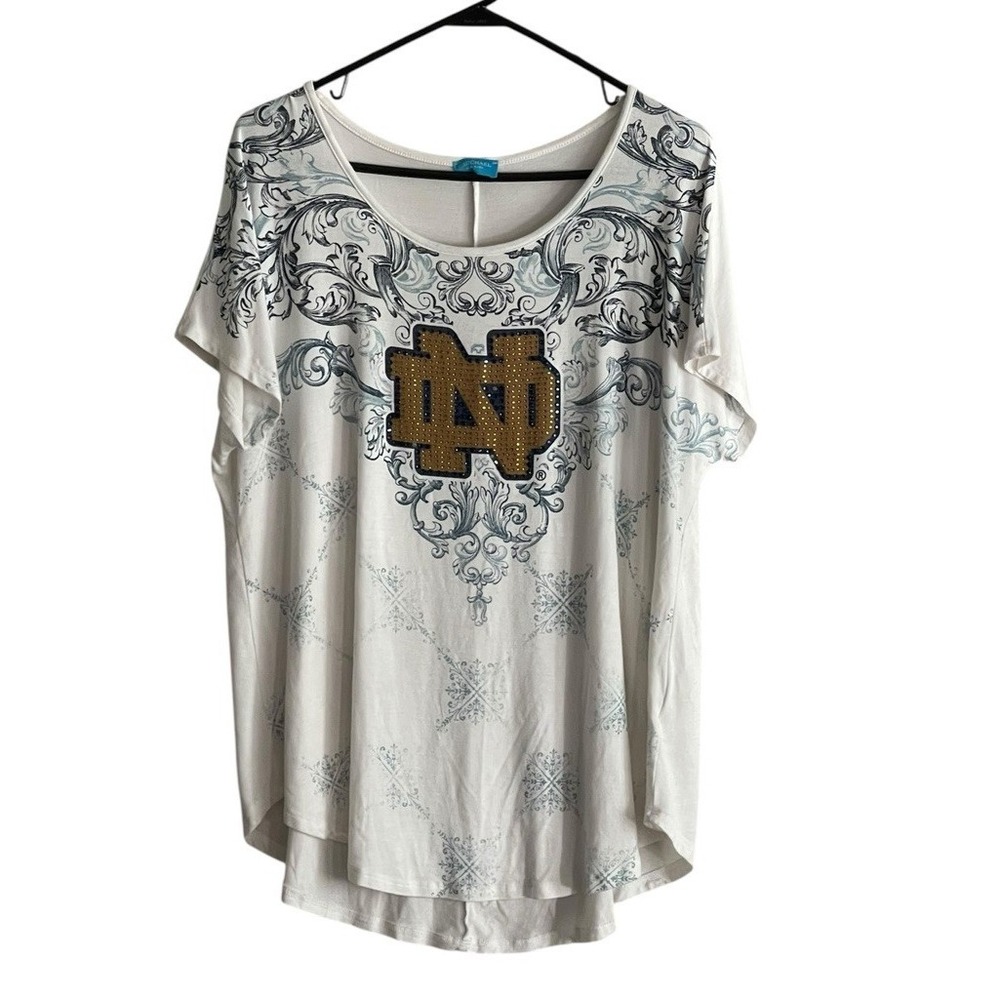 Notre Dame Vintage Top Large Glam Embellished Bedazzled Short Sleeve USA
